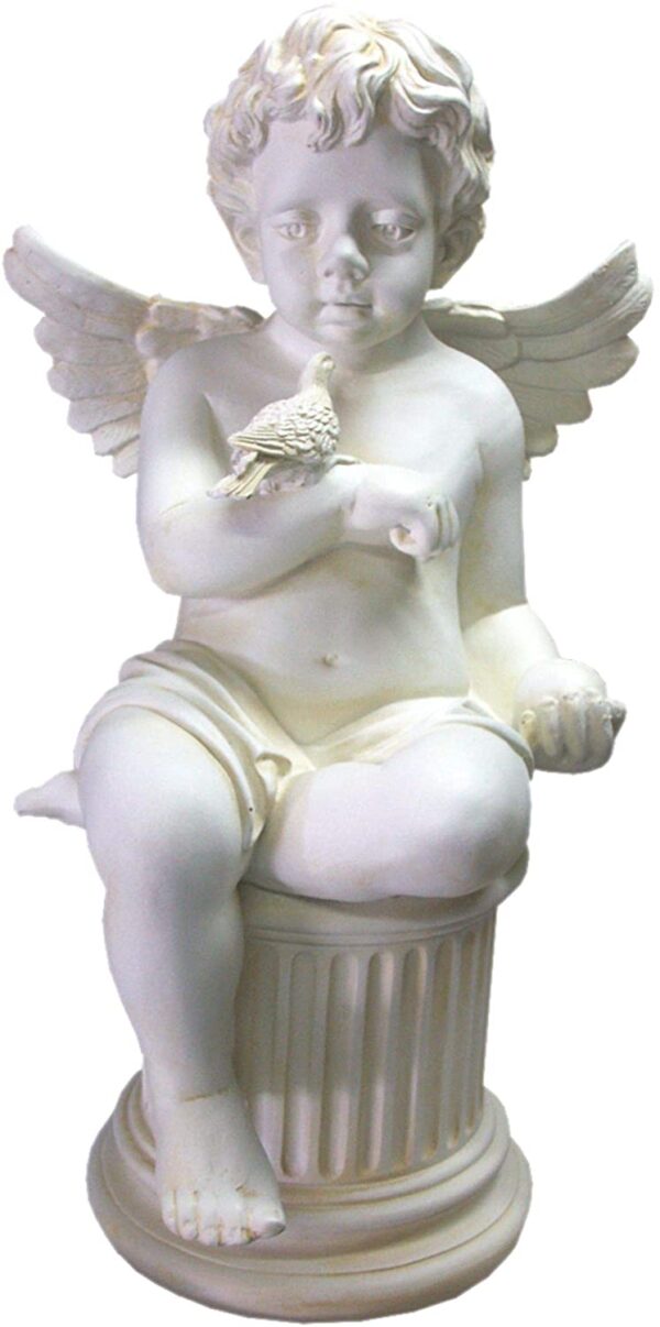 Ein Engel, der mit einem Vogel auf einer Säule sitzt. 65 cm.